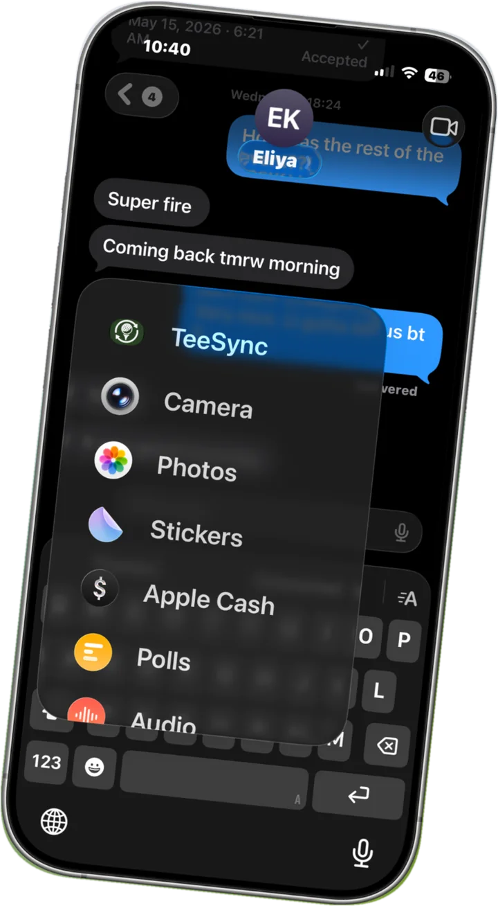 TeeSync in the iMessage app drawer, alongside Camera, Photos and Stickers