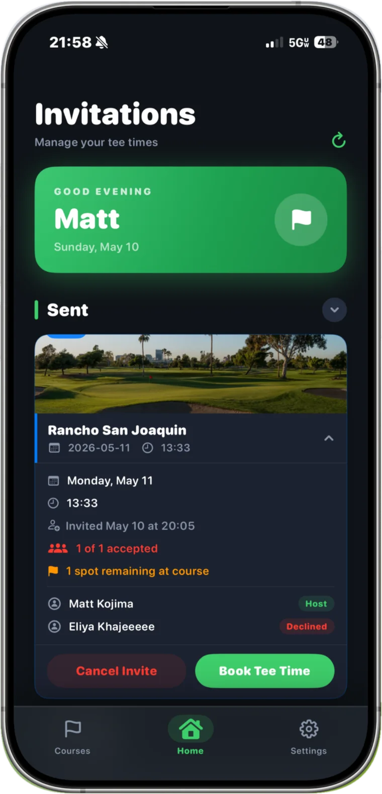 The TeeSync invitations screen showing who has accepted and the Book Tee Time button